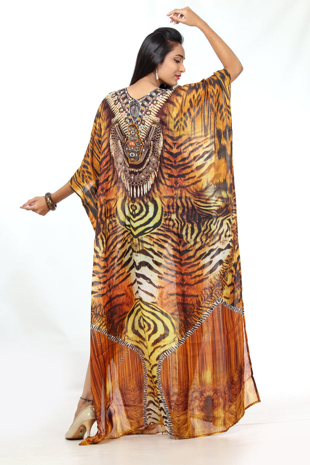Exquisite Lion Print over Long Silk Kaftan flawless to wear for tropical occasions