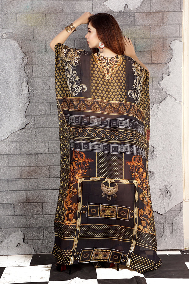 Lady in Black Abstract Print Silk Kaftan patterned Maxi long style for casual wear beach kaftan