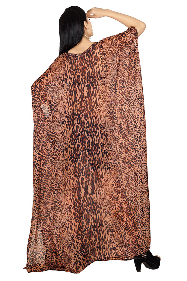 Lace Up Cheetah Leopard Print Silk Kaftan Maxi Dress