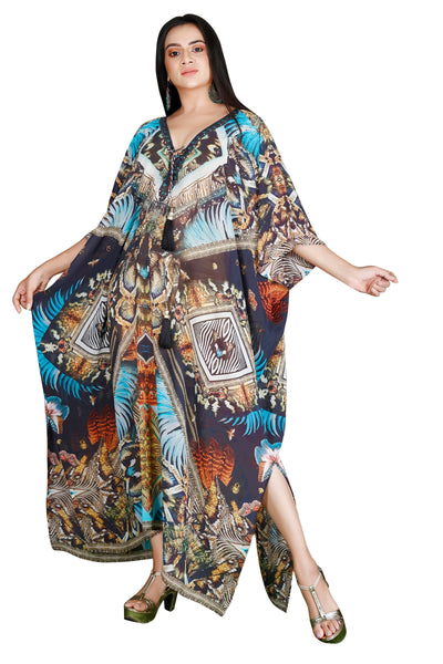 Animal Print Silk Caftan Womens Regular Wear Silk Kaftan Long Kaftans
