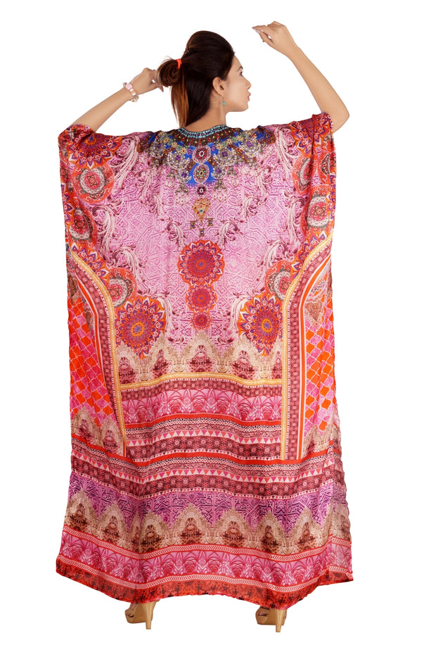 Graceful Silk Kaftan Maxi Dress with Stunning Beaded Neckline