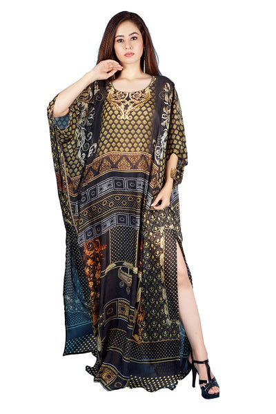 Lady in Black Abstract Print Silk Kaftan patterned Maxi long style for casual wear beach kaftan
