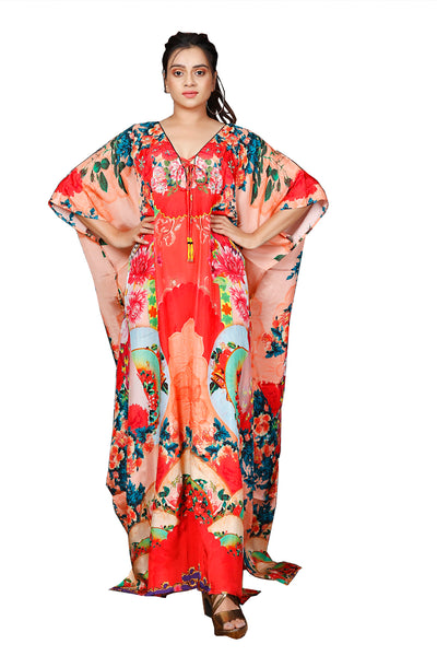 Embellished Red colored long kaftan with creative print Lace up silk kaftans