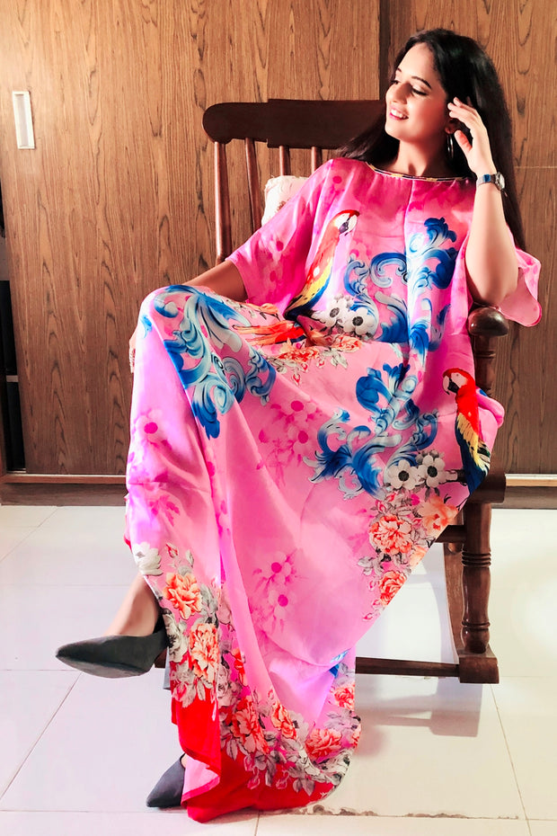 Silk caftan beach dress kaftan pink colored bird print caftan evening dresses