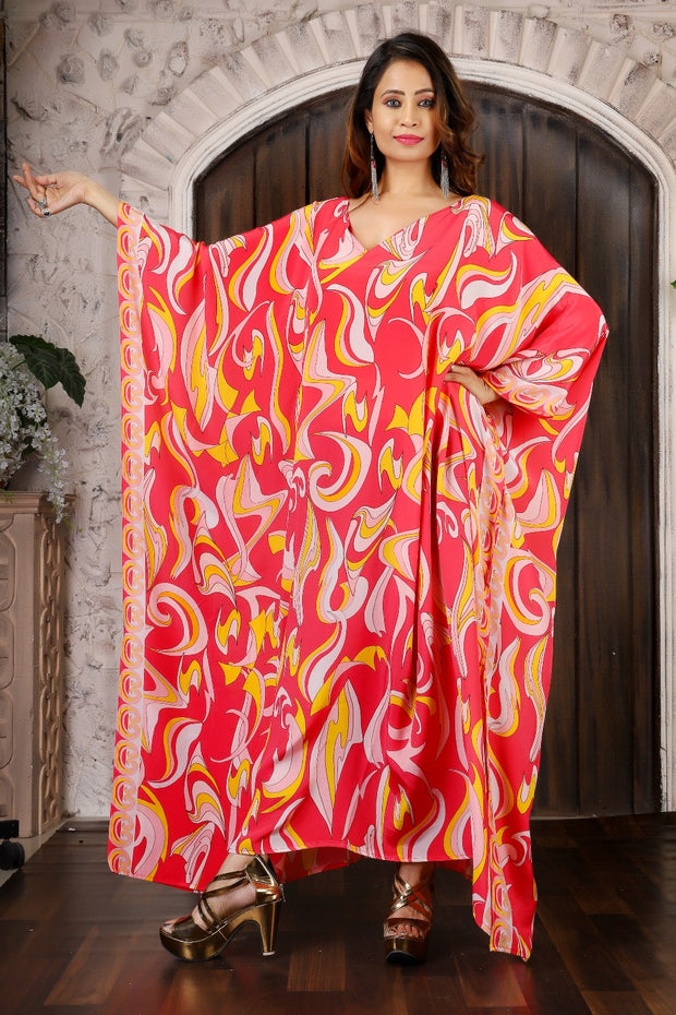 Red Silk Kaftan Maxi Kaftan Beach Wear Cover Up Long Sleeves Caftan