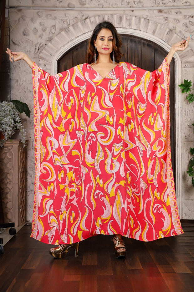 Red Silk Kaftan Maxi Kaftan Beach Wear Cover Up Long Sleeves Caftan