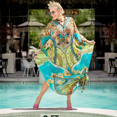 Floral printed colourful Silk long kaftan with beaded V neck