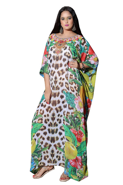 Majestic Fruits and floral with leopard print maxi long kaftan dress