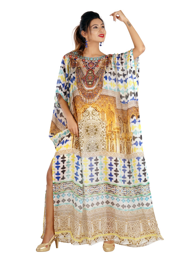 Party Wear Round Neck Maxi Long trivial Silk Kaftan Geometric print Love to drape in for Party lovers - Silk kaftan