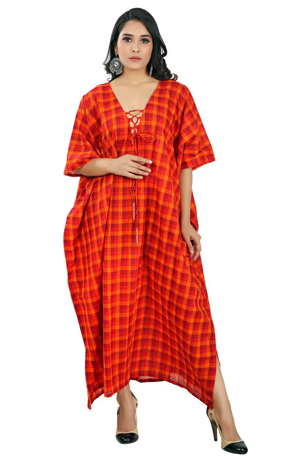 Lace up Exquisite Chex Print long Kaftan Dress with Striped Neckline