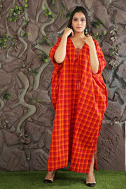 Lace up Exquisite Chex Print long Kaftan Dress with Striped Neckline