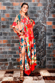 Embellished Red colored long kaftan with creative print Lace up silk kaftans