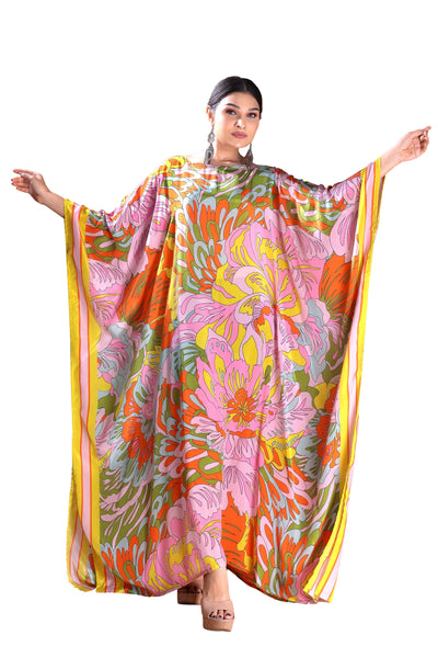 Botanical Bliss: Silk Caftan with Vibrant Flower Print