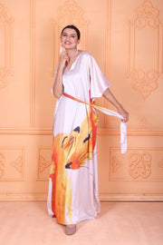 Picasso art Long Silk Black Dress V NeckLine Silk Caftan for Woman Kaftan
