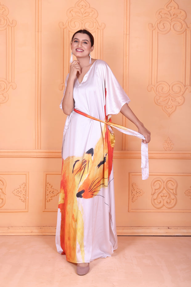 Picasso art Long Silk Black Dress V NeckLine Silk Caftan for Woman Kaftan