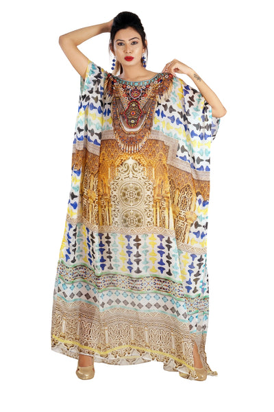 Party Wear Round Neck Maxi Long trivial Silk Kaftan Geometric print Love to drape in for Party lovers - Silk kaftan