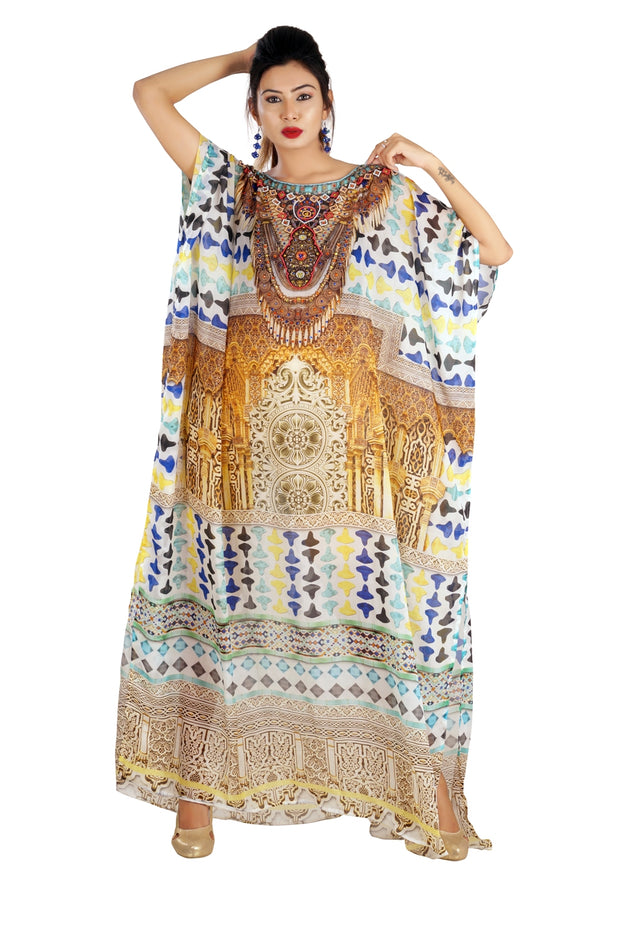 Party Wear Round Neck Maxi Long trivial Silk Kaftan Geometric print Love to drape in for Party lovers - Silk kaftan