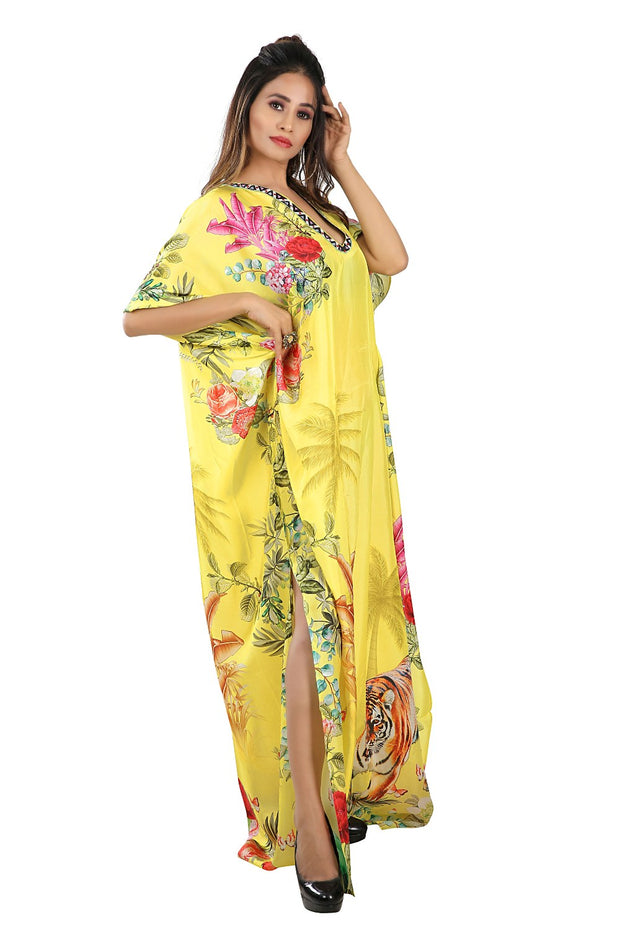Embellished neckline long Yellow color Animal Print kaftan on sale