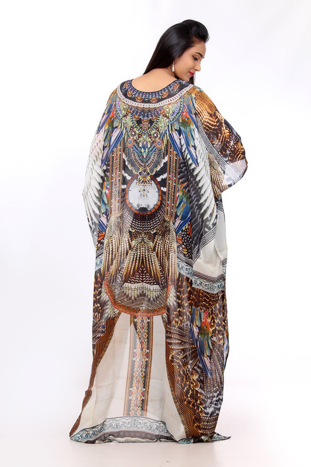 Something Exotic and elegant Tribal print over Maxi long Silk Kaftan Boho Style