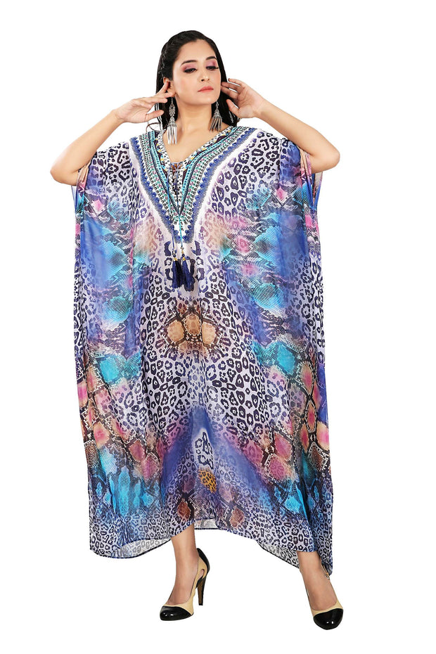Beautiful Plus Size lace up kaftan blue animal print caftan blue dress