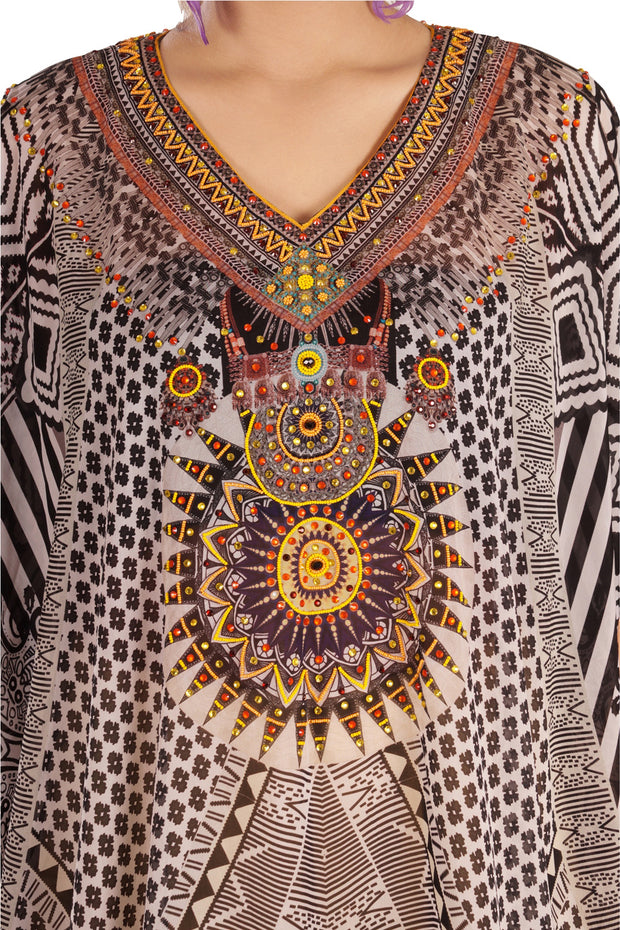 Beauty in Black Geometric Printed long Silk Kaftan for short women